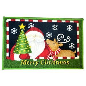Merry Christmas Santa Reindeer Door Mat Accent Rug Rubber Back 24 x 15" NWOT